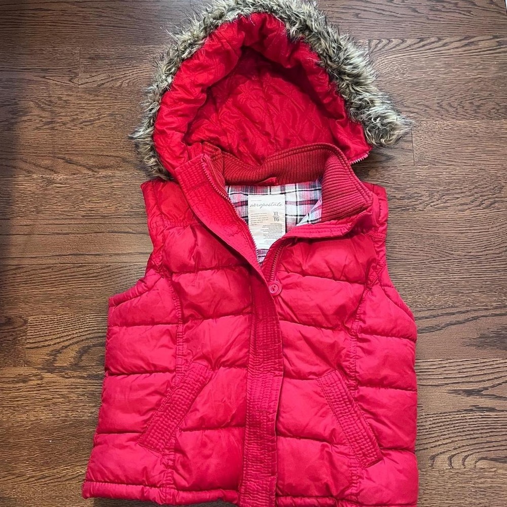 y2k aeropostale red fur hood plaid interior puffer vest xl